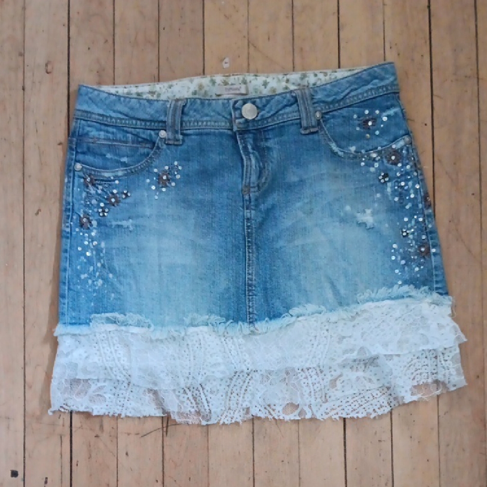 Papaya Blue Denim Skirt with White Lace